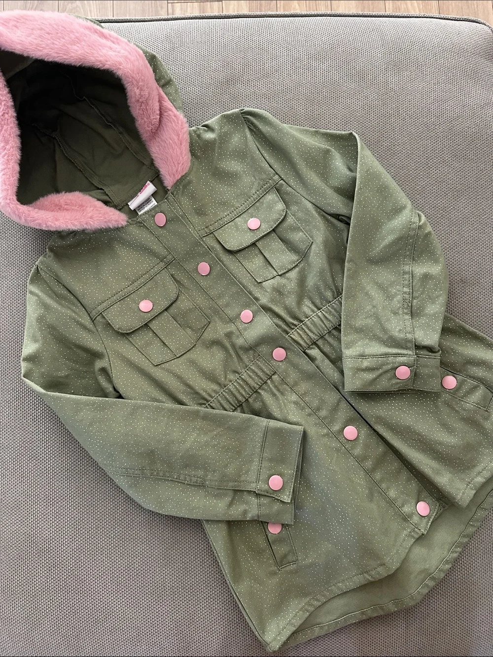 Little Lass Olive Green Hooded Raincoat with Pink Trim